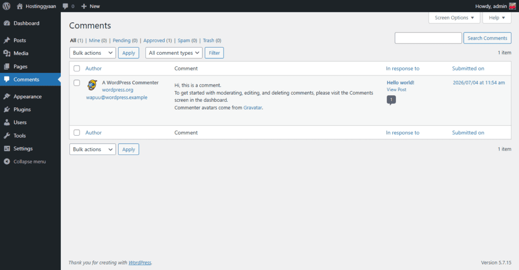 Comments Menu of WordPress described.
